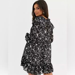 Free People  Ruffle Floral Boho Babydoll V-Neck Tie  Tunic oversized Dress Sz M